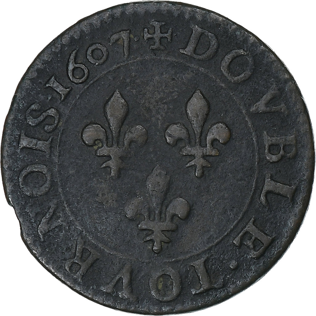 França, Henri IV, Double Tournois, 1607, Paris, Cobre, VF(30-35), CGKL:222