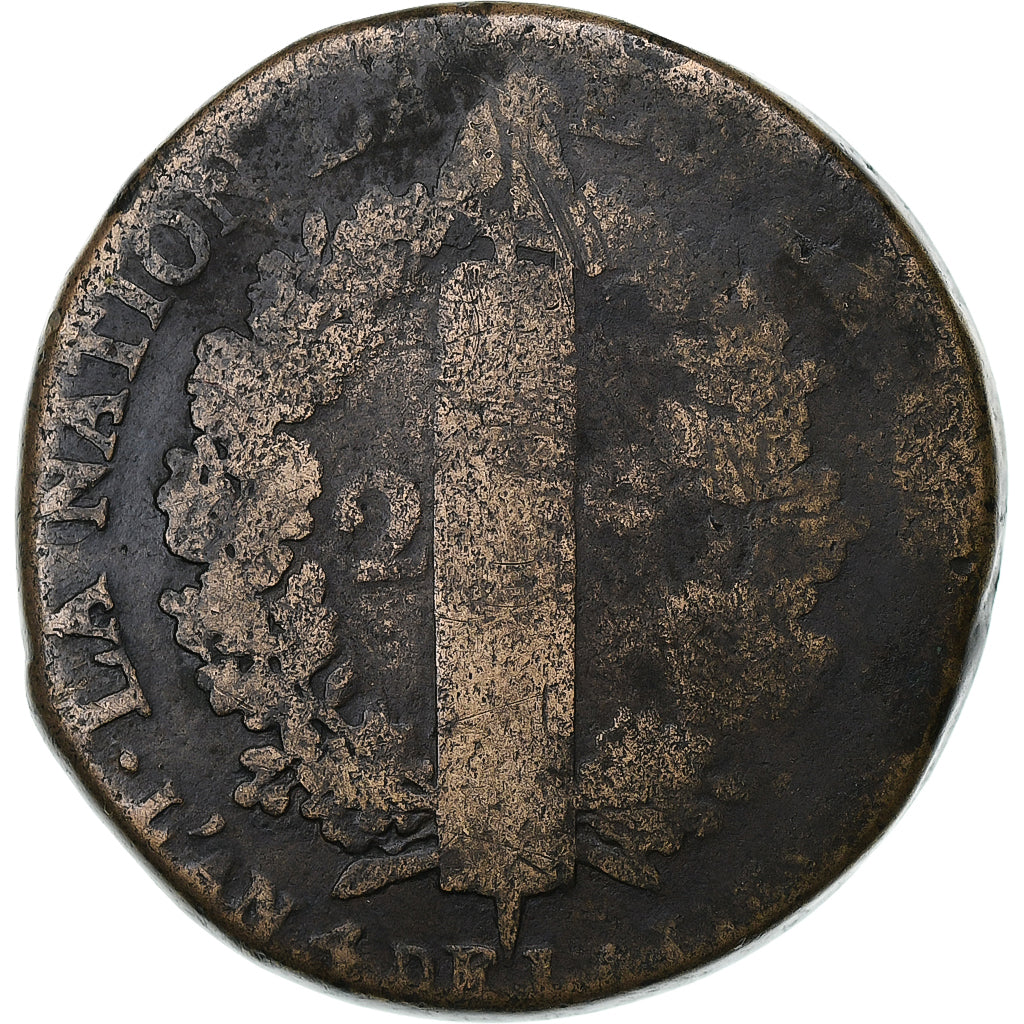 França, Louis XVI, 2 Sols, 1792 / AN 4, Metz, Bronze, F(12-15), Gadoury:25