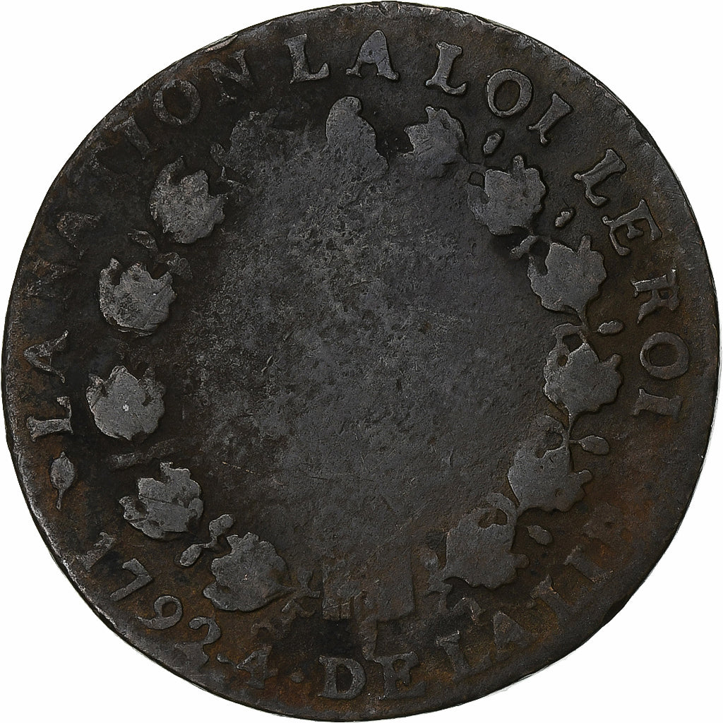 Francia, Louis XVI, 12 Deniers, 1792⸱4, Bordeaux, Métal de cloche, B+