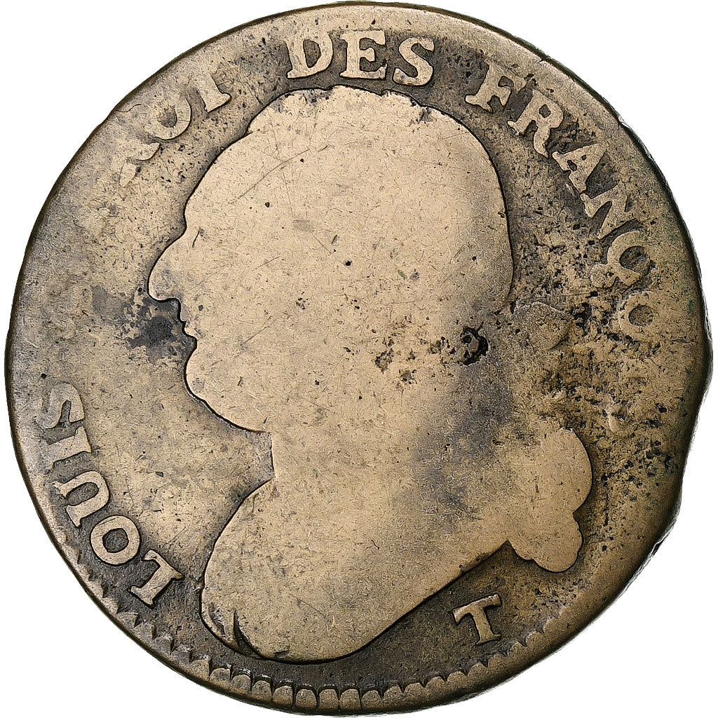 França, Louis XVI, 12 Deniers, 1792⸱4, Nantes, Cobre, VG(8-10), Gadoury:15