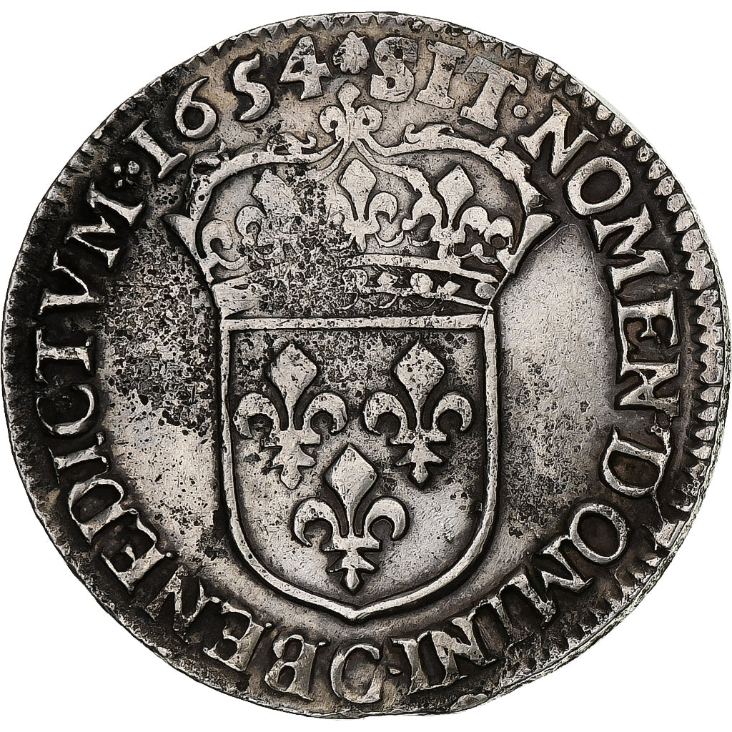 France, Louis XIV, 1/2 Écu à la mèche longue, 1654, Saint-Lô, Silver