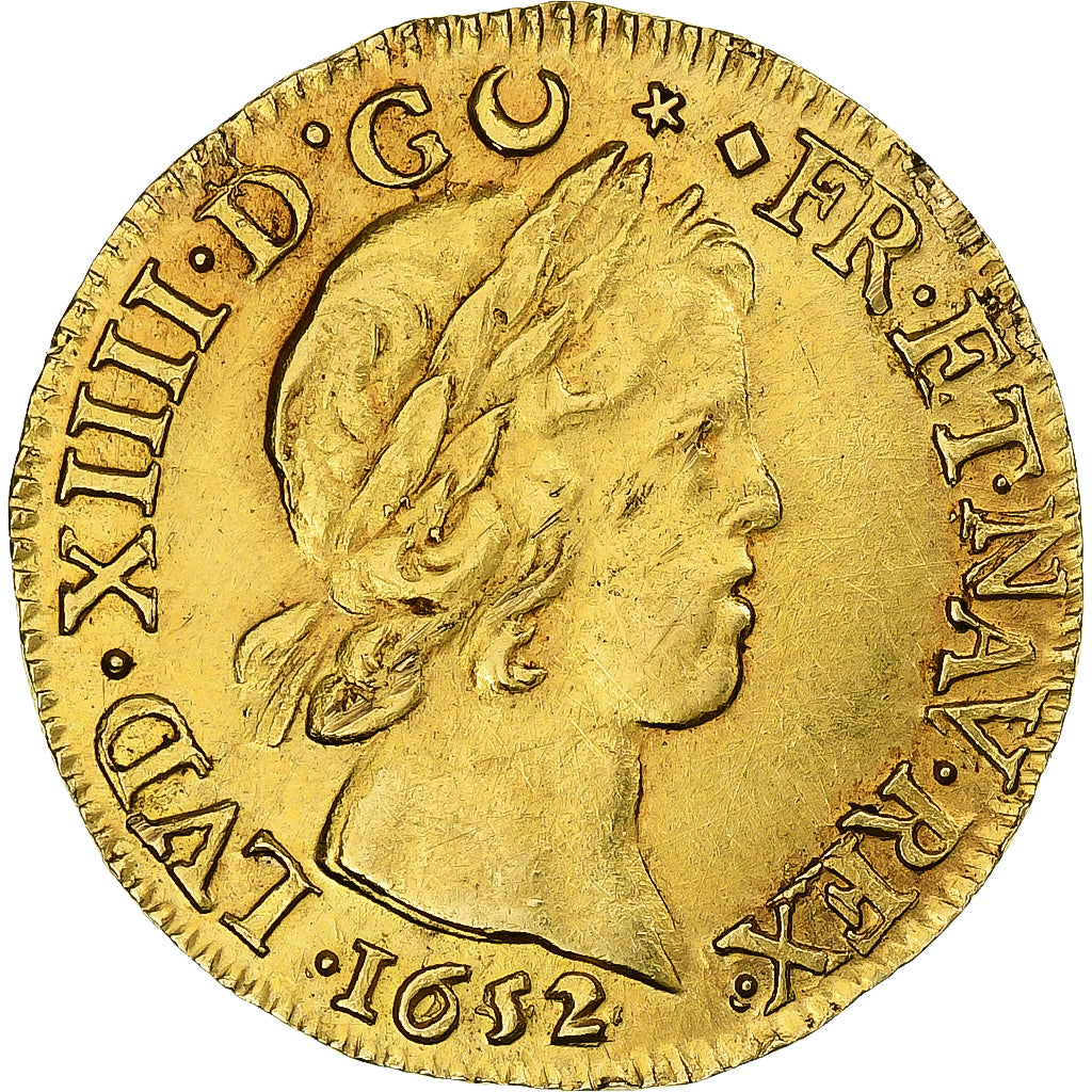 France, Louis XIV, louis d'or à la mèche courte, 1652, Lyon, Or, TTB+