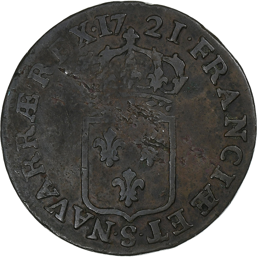 Francia, Louis XV, 1/2 Sol au buste enfantin, 1721, Reims, Cobre, BC+