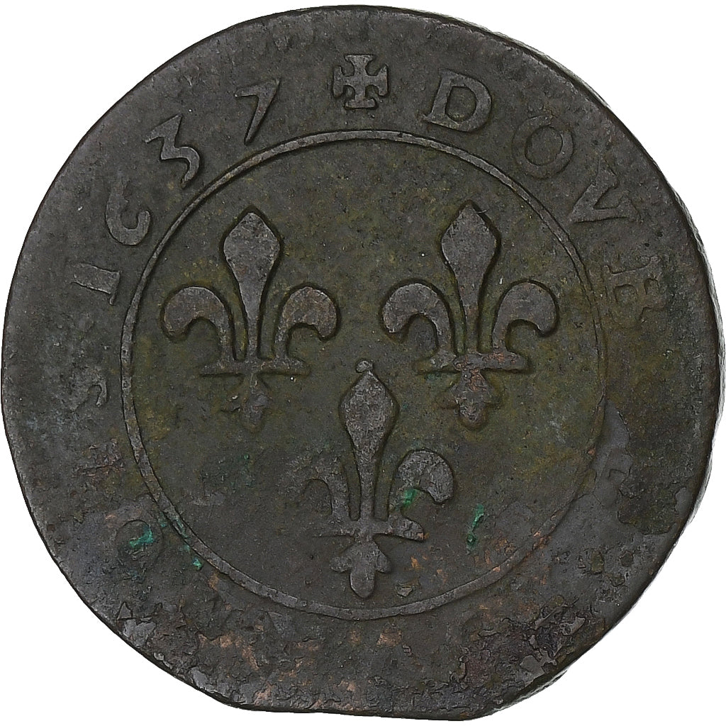 Francia, Louis XIII, Double Tournois, 1637, Axe Loire-Rhône, Cobre, BC+