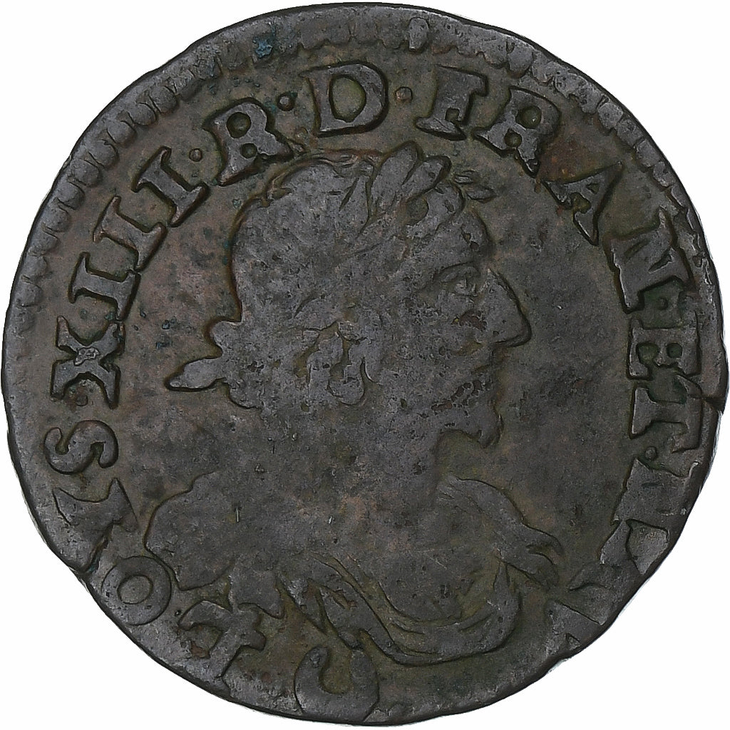França, Louis XIII, Double Tournois, 1639, Axe Loire-Rhône, Cobre, VF(20-25)