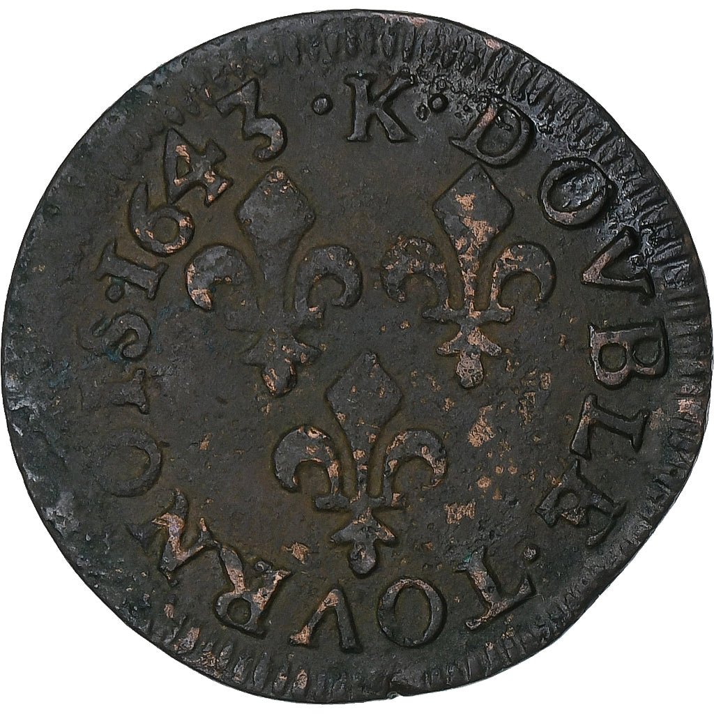 França, Louis XIII, Double Tournois, 1643, Bordeaux, Cobre, VF(30-35), CGKL:516
