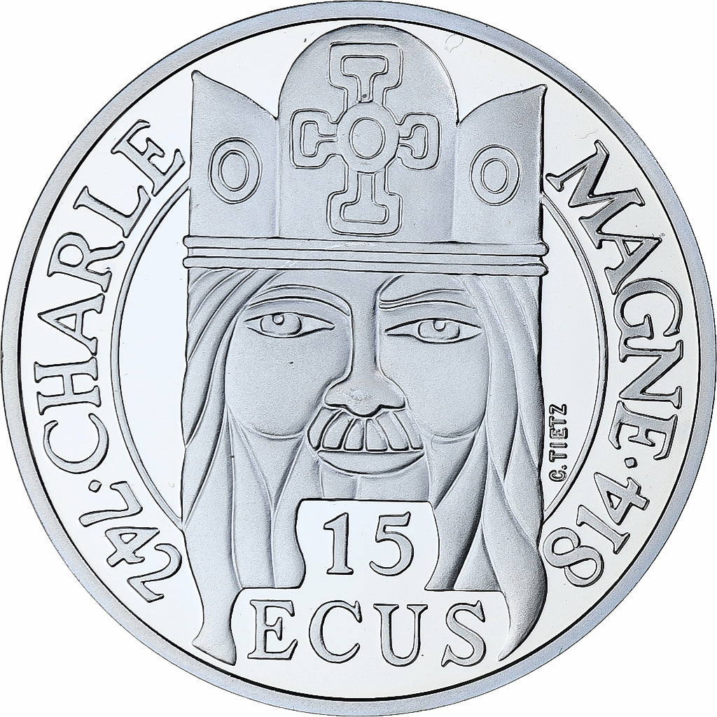 France, 100 Francs-15 Ecus, Charlemagne, 1990, MDP, Proof, Silver, MS(65-70)