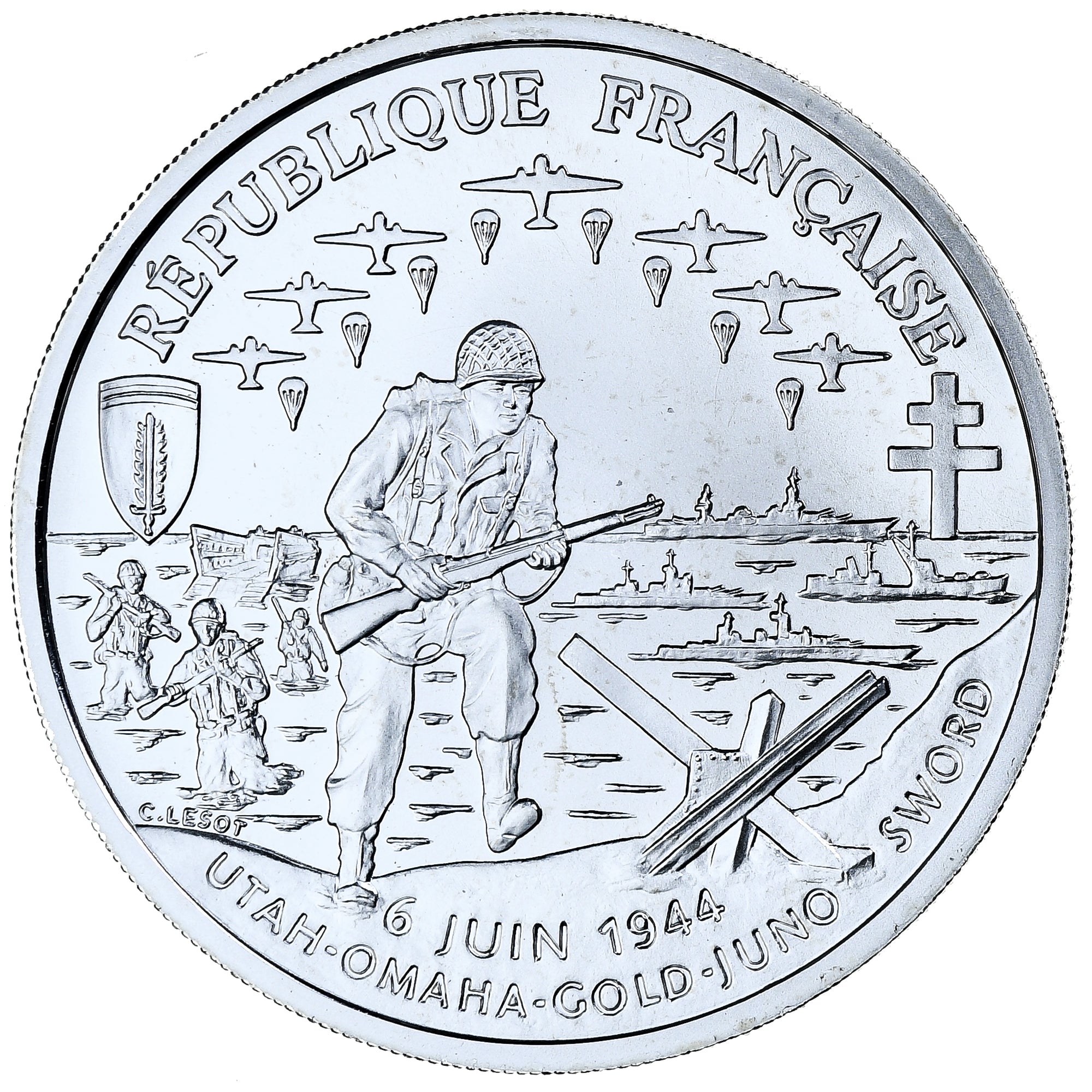 Francja, 1 Franc, Cinquantenaire du Débarquement, 1993, MDP, BU, Srebro