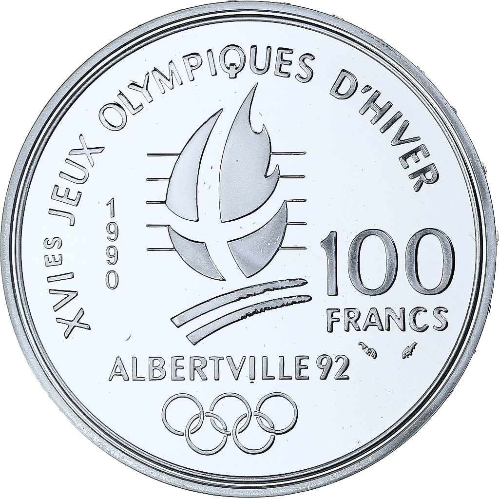 France, 100 Francs, Albertville 92, Slalom moderne, 1990, MDP, BE, Argent, FDC