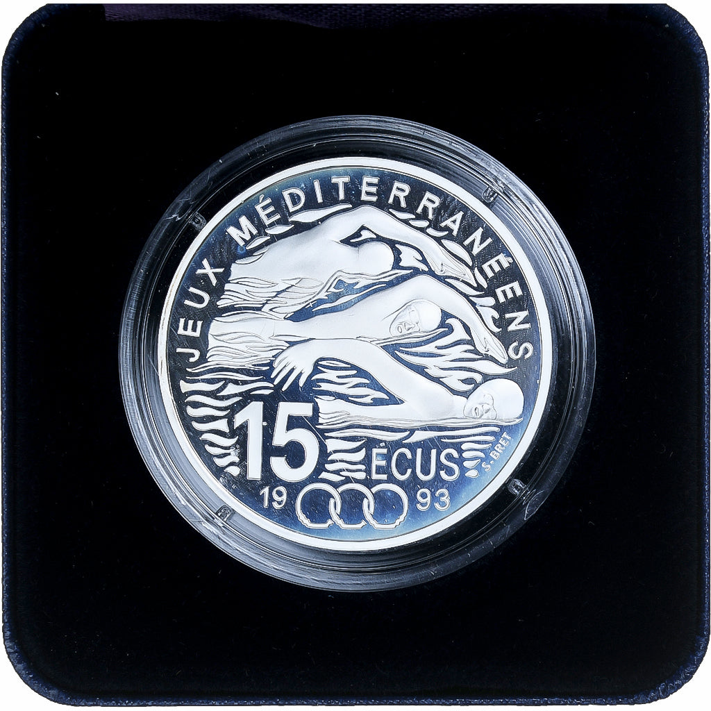 France, 100 Francs-15 Ecus, Jeux Méditerranéens, 1993, MDP, Silver, MS(65-70)