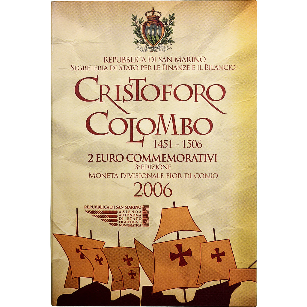 San Marino, 2 Euro, Christopher Colombus, Coin card.FDC, 2006, Rome