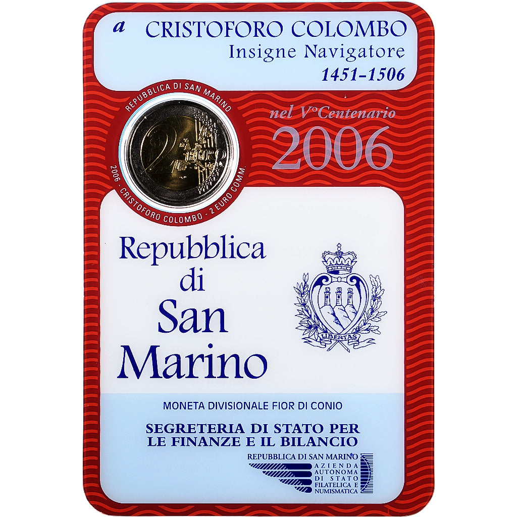 San Marino, 2 Euro, Christopher Colombus, Coin card.FDC, 2006, Rome