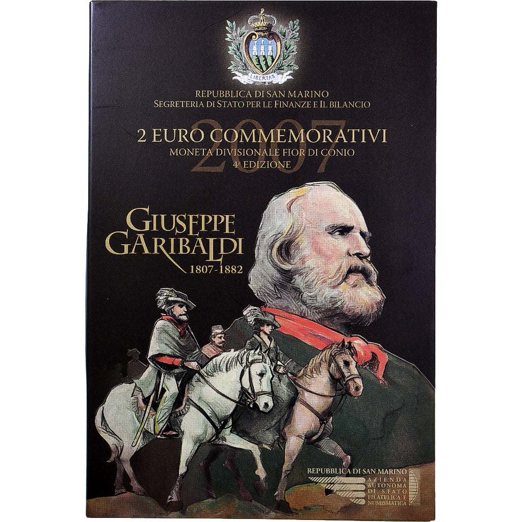 San Marino, 2 Euro, Giuseppe Garibaldi, Coin card.FDC, 2007, Rome, Bimetálico