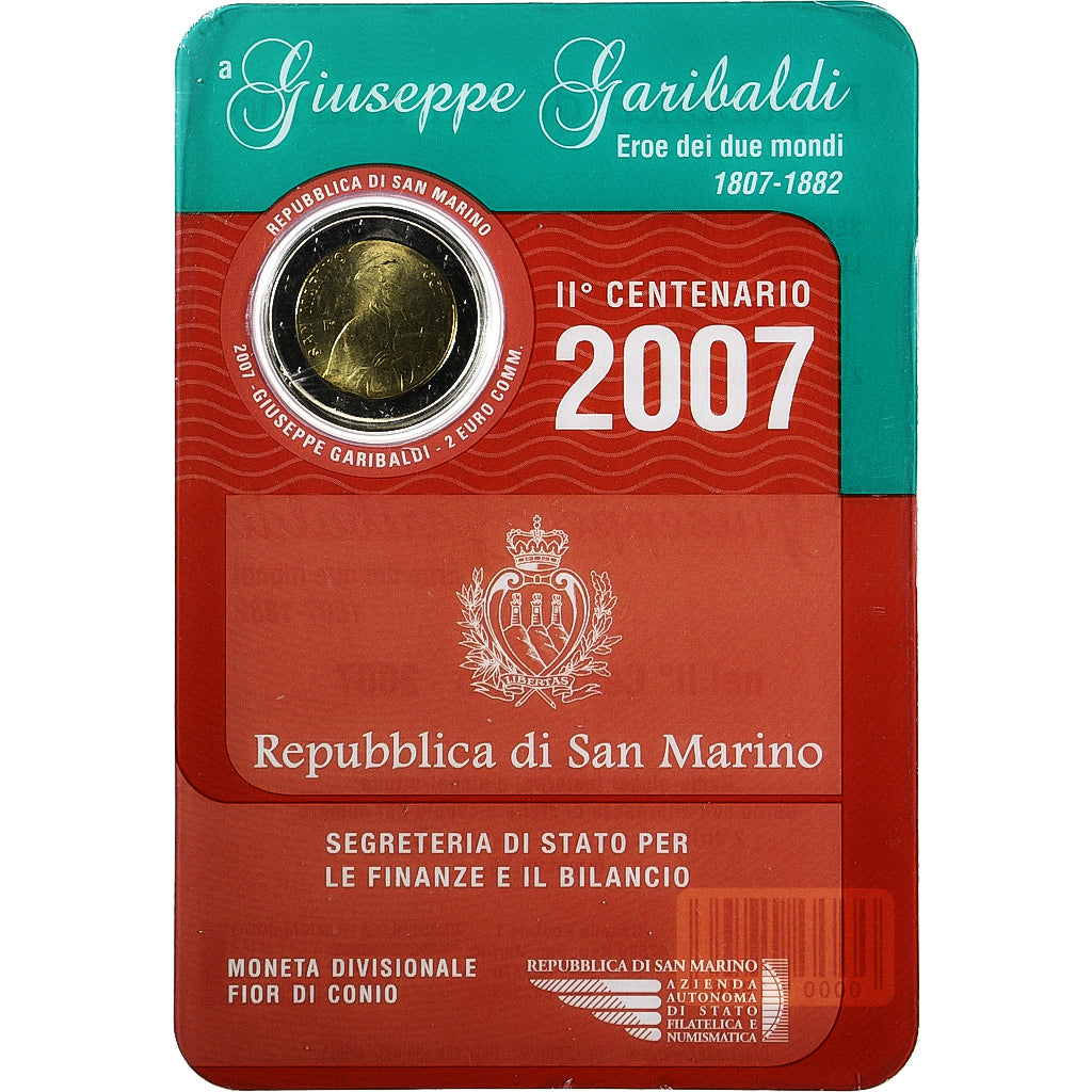 San Marino, 2 Euro, Giuseppe Garibaldi, Coin card.FDC, 2007, Rome, Bimetálico