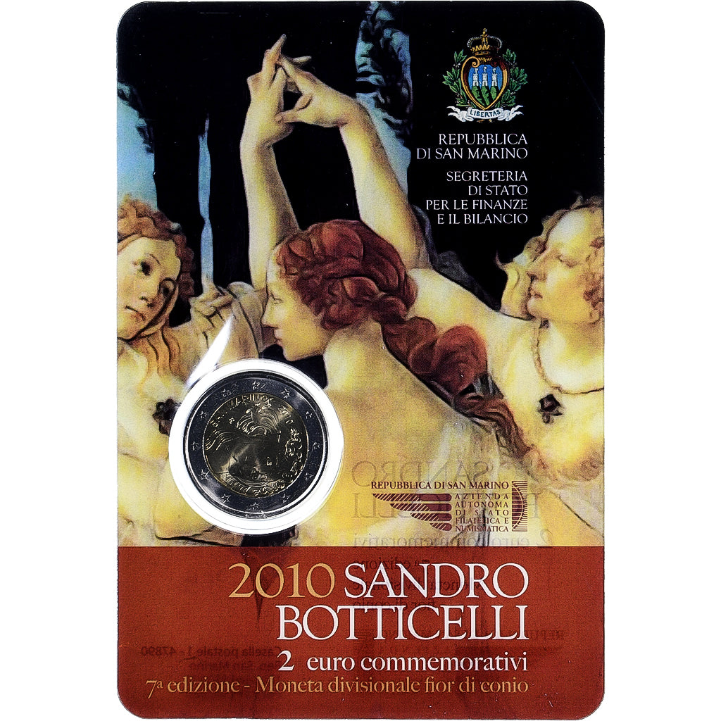 San Marino, 2 Euro, Sandro Botticelli, Coin card.FDC, 2010, Rome, Bi-Metallic