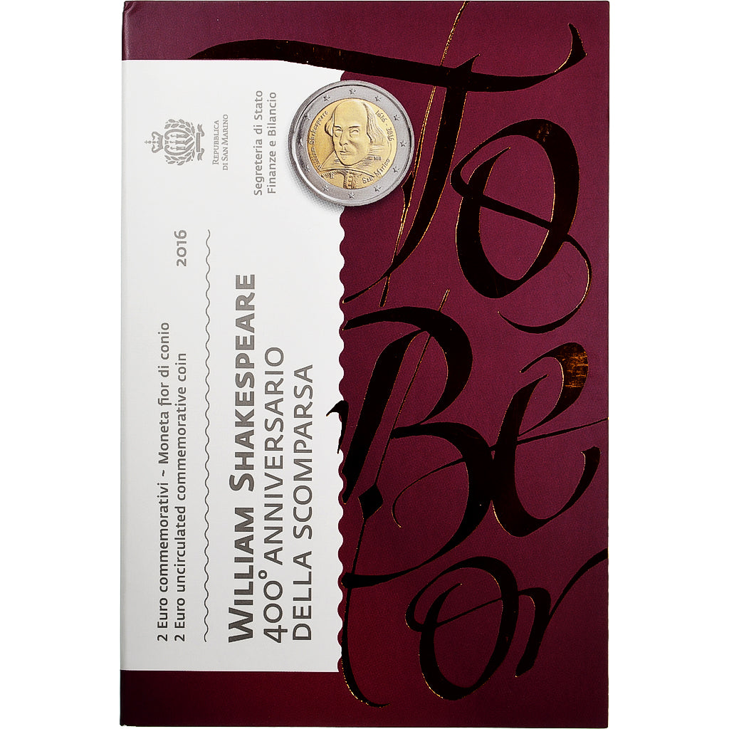 Saint Marin , 2 Euro, William Shakespeare - 400th Anniversary, Coin card.FDC