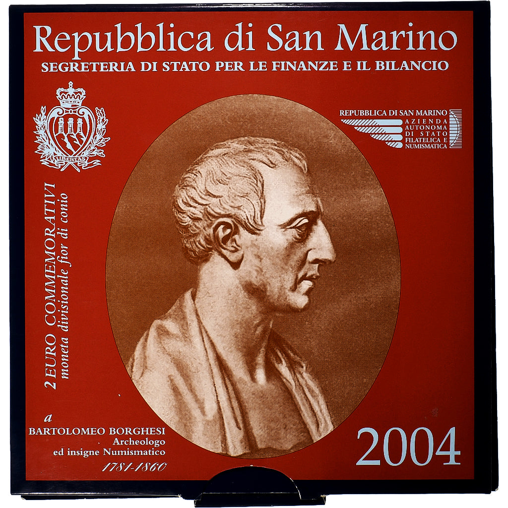 San Marino, 2 Euro, Bartolomeo Borghesi, Coin card.FDC, 2004, Rome, Bi-Metallic