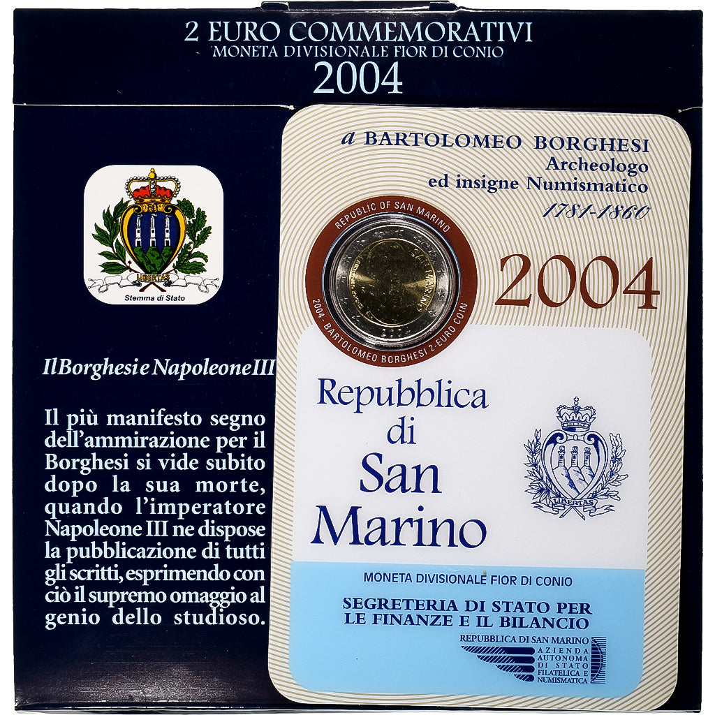 San Marino, 2 Euro, Bartolomeo Borghesi, Coin card.FDC, 2004, Rome, Bi-Metallic