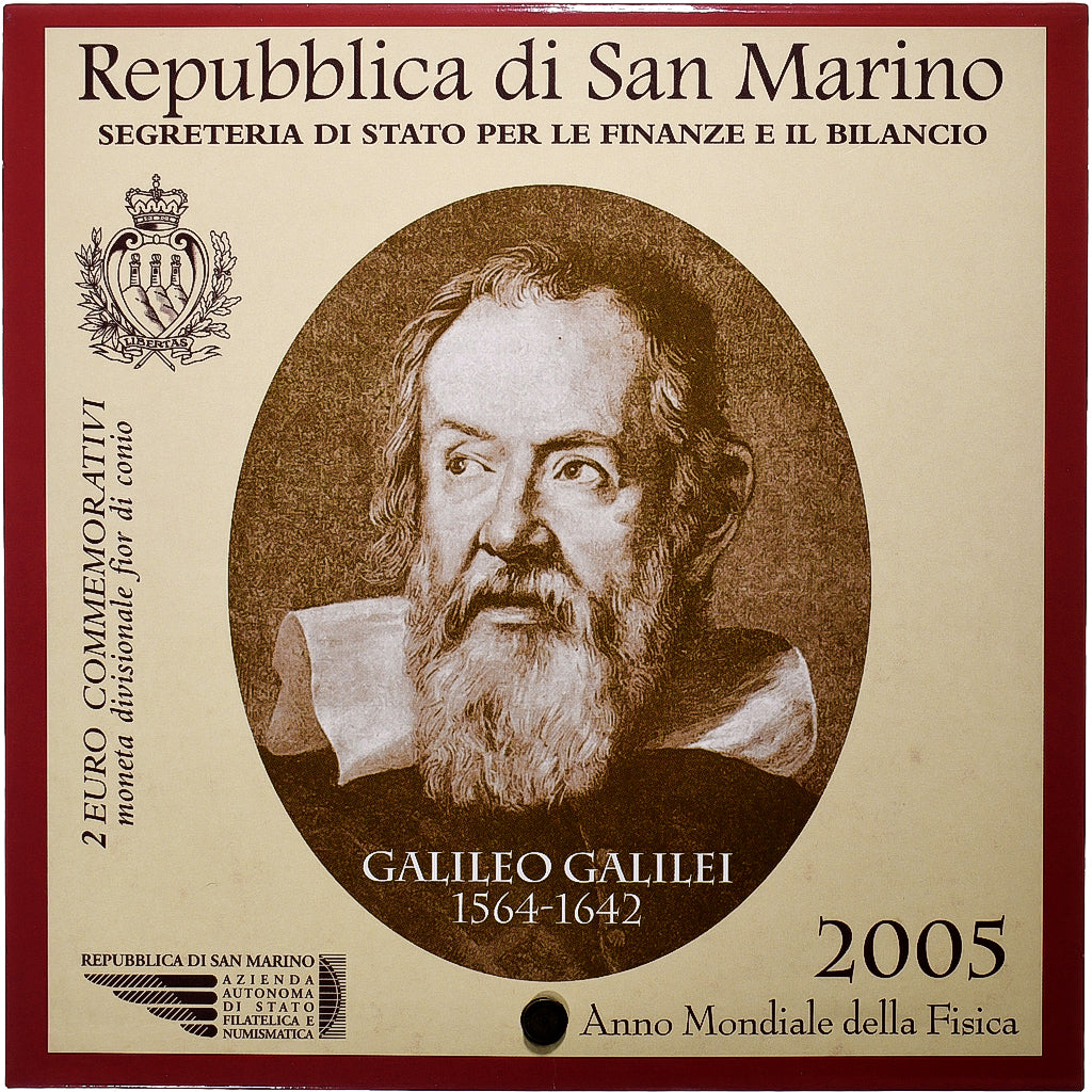 San Marino, 2 Euro, Galileo Galilei, Coin card.FDC, 2005, Rome, Bi-metallico