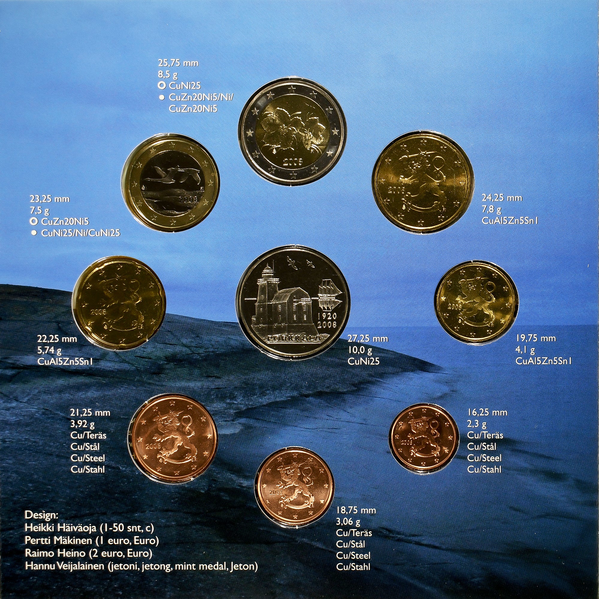 Finlandia, Set 1 ct. - 2 Euro + Token, FDC, 2008, Vantaa, Sin información, FDC