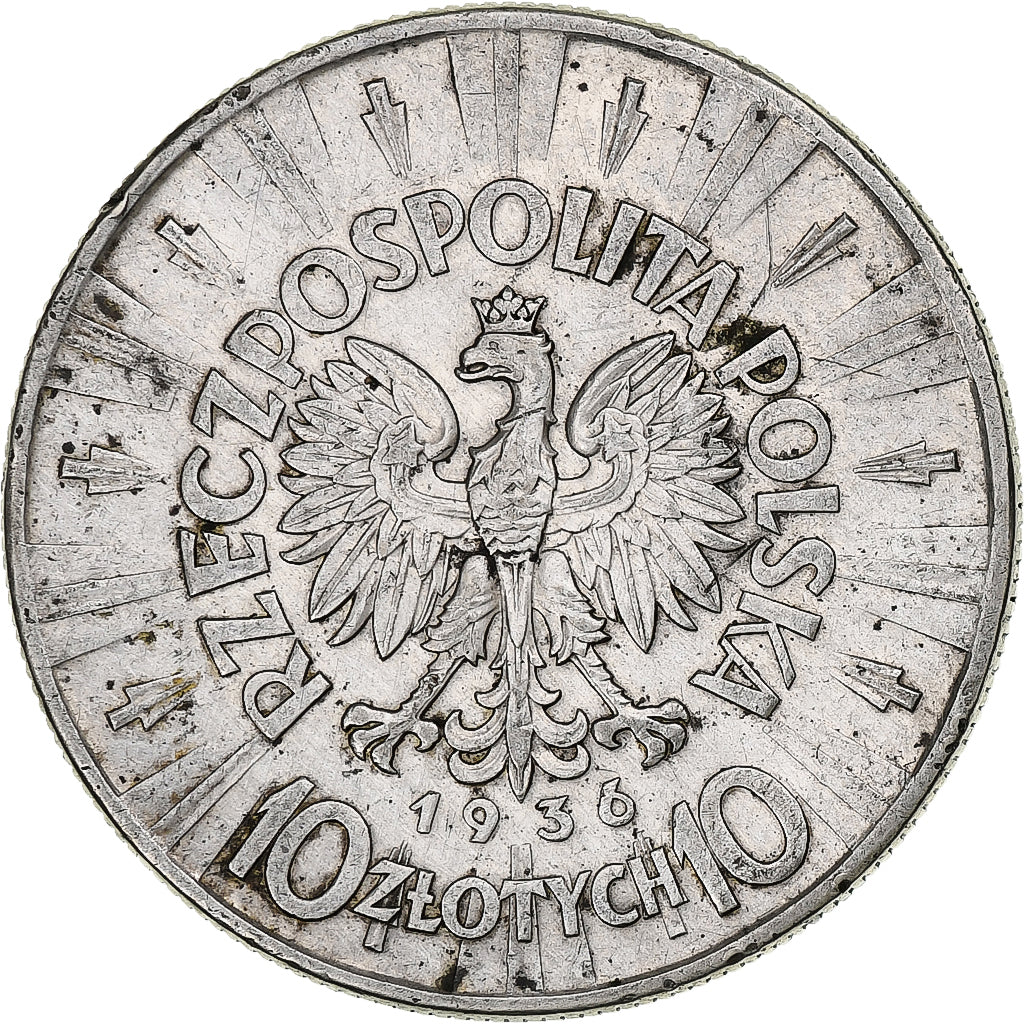 Polónia, 10 Zlotych, Josef Pilsudski, 1936, Warsaw, Prata, AU(50-53), KM:29