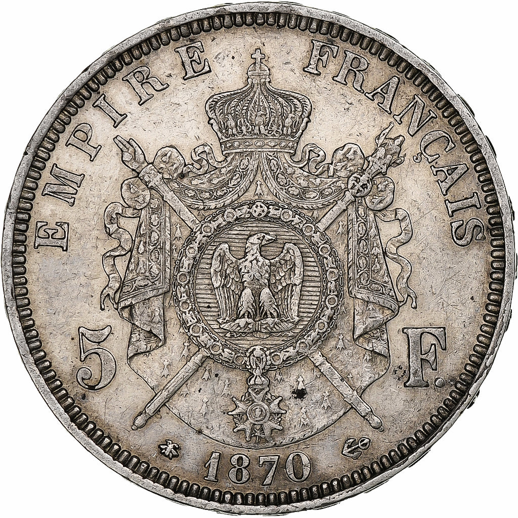 Francja, Napoleon III, 5 Francs, 1870, Paris, Srebro, AU(50-53), Gadoury:739