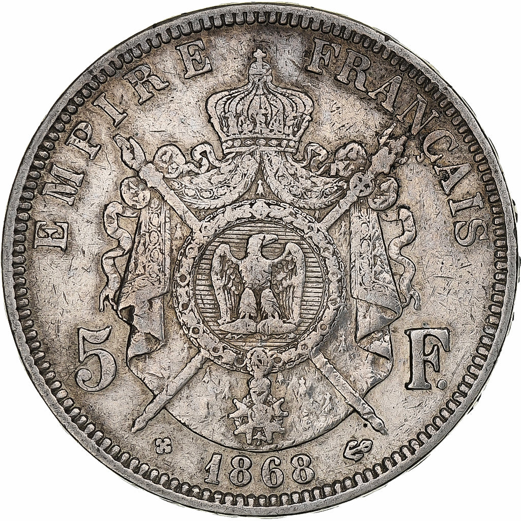 Francja, Napoleon III, 5 Francs, 1868, Strasbourg, Srebro, EF(40-45)