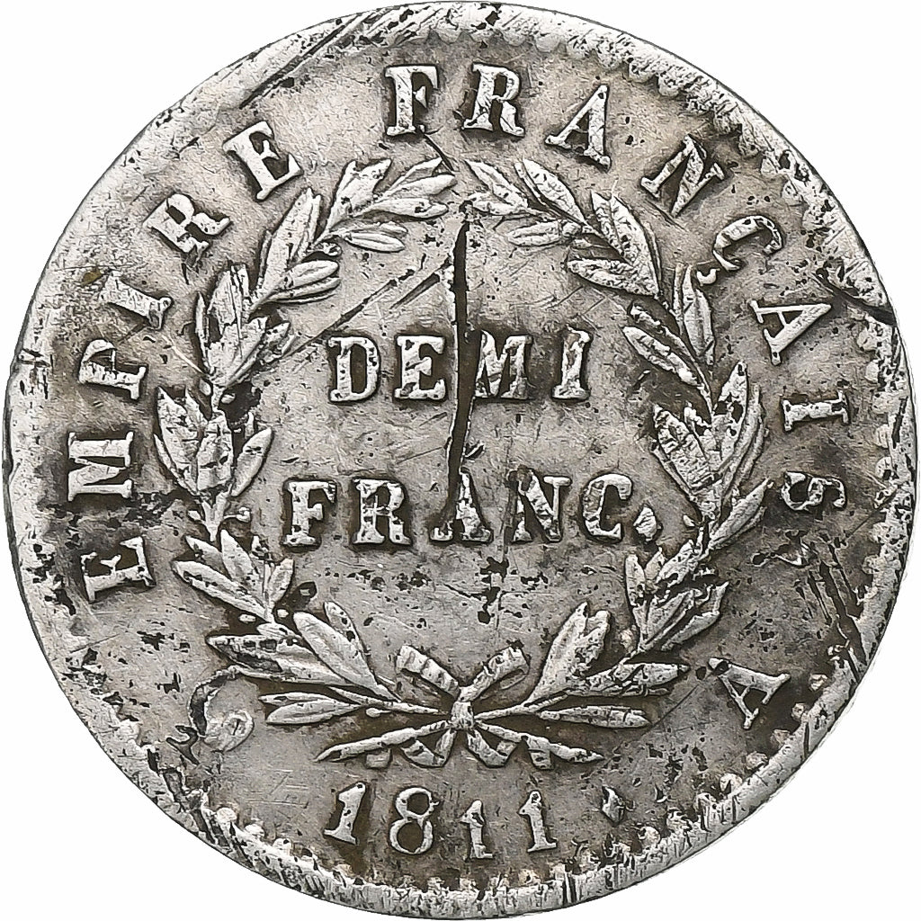 Francja, Napoleon I, Demi Franc, 1811, Paris, Srebro, AU(50-53), Gadoury:399