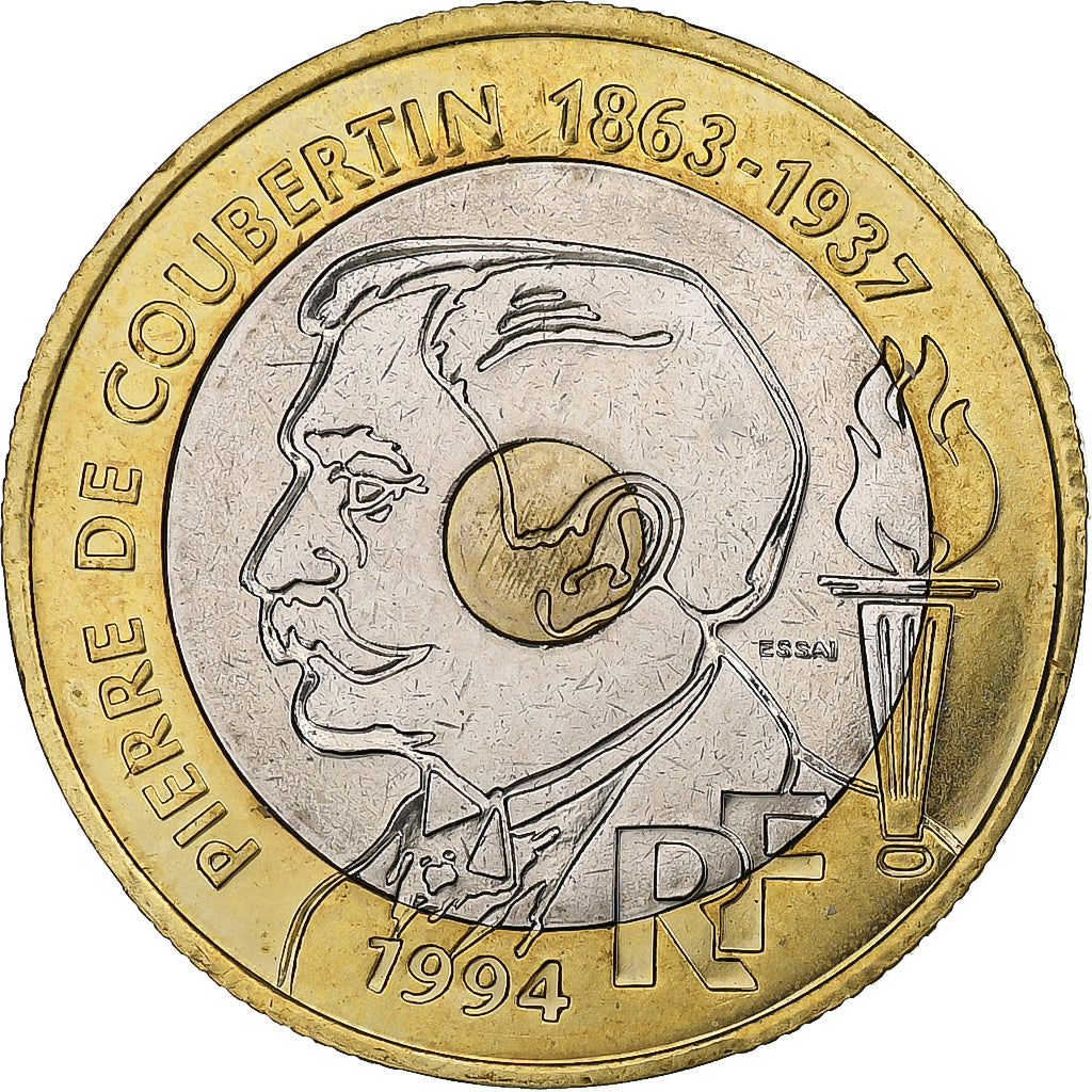 França, 20 Francs, Pierre de Coubertin, 1994, MDP, ENSAIO, Trimetálico