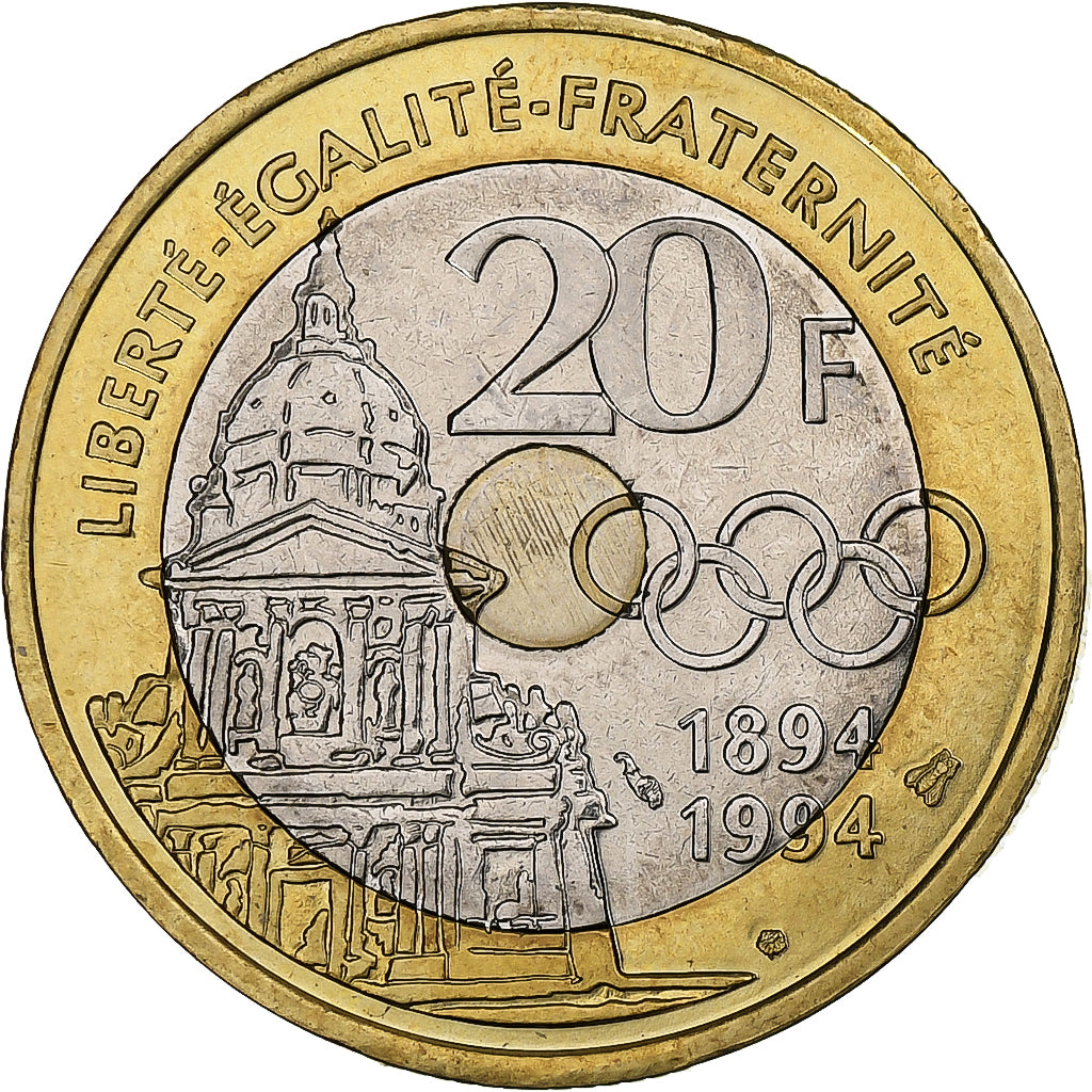 França, 20 Francs, Pierre de Coubertin, 1994, MDP, ENSAIO, Trimetálico