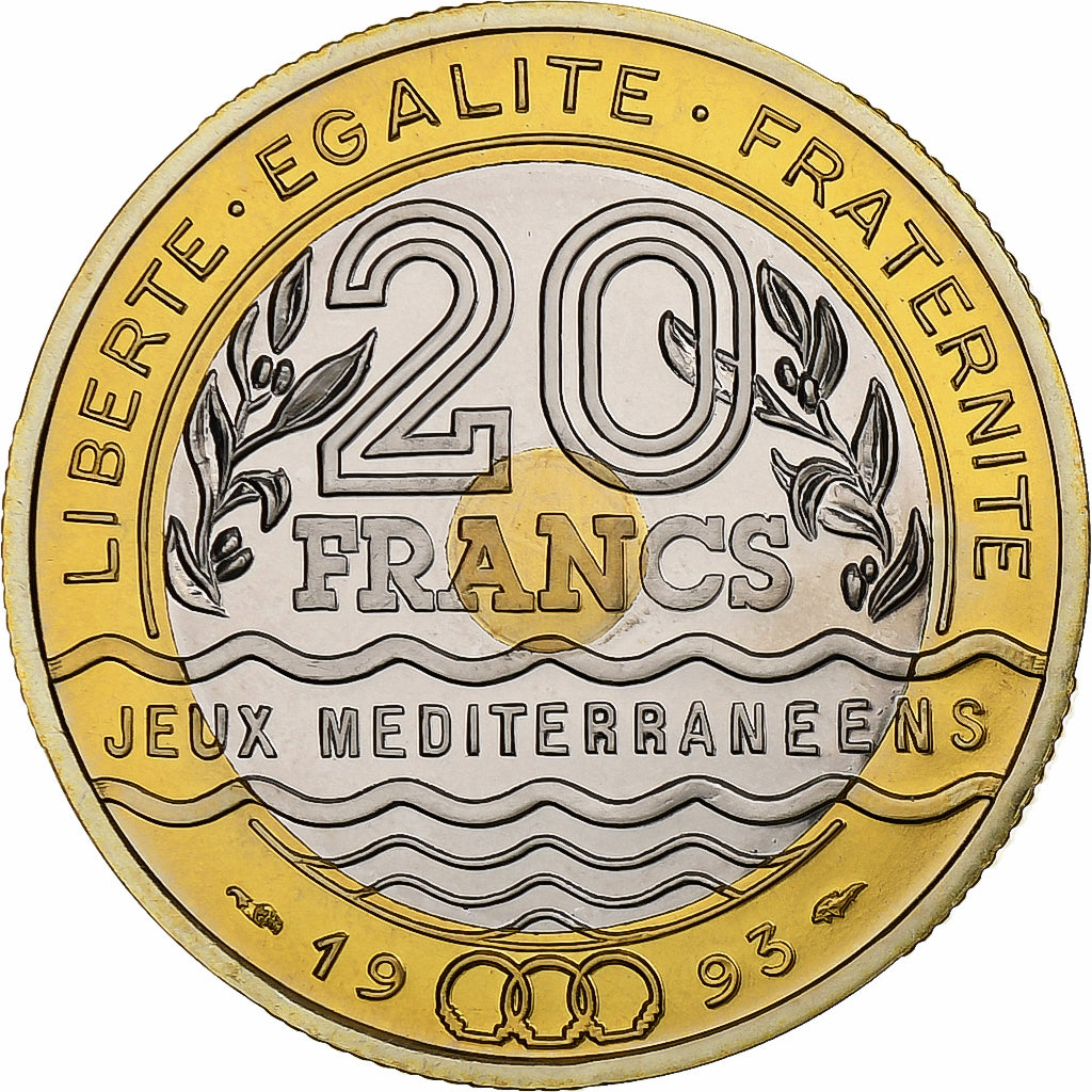 França, 20 Francs, Jeux Méditerranéens, 1993, MDP, ENSAIO, Trimetálico