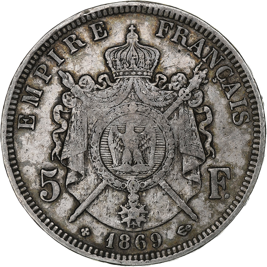 France, Napoleon III, 5 Francs, 1869, Strasbourg, Contremarque SEDAN, Silver