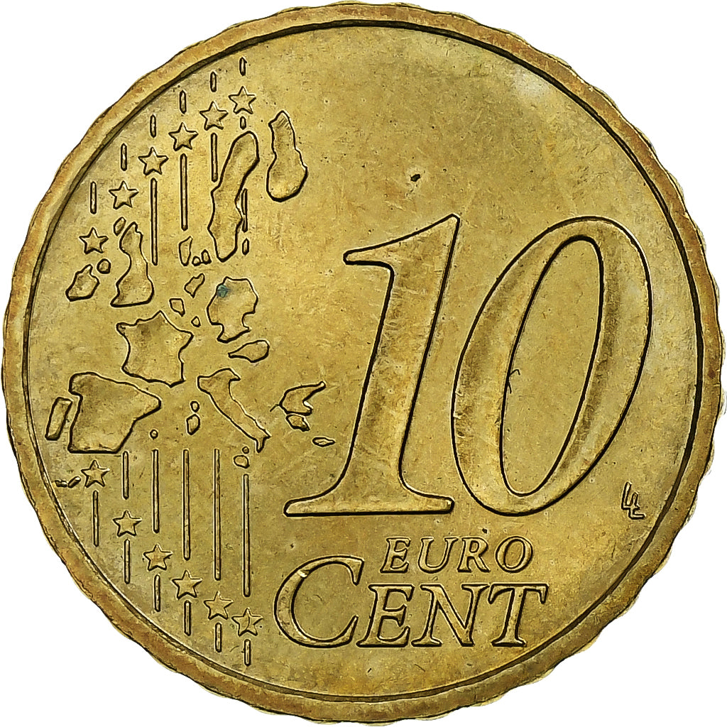 França, Rainier III, 10 Euro Cent, 2002, Nordic gold, MS(63), KM:170