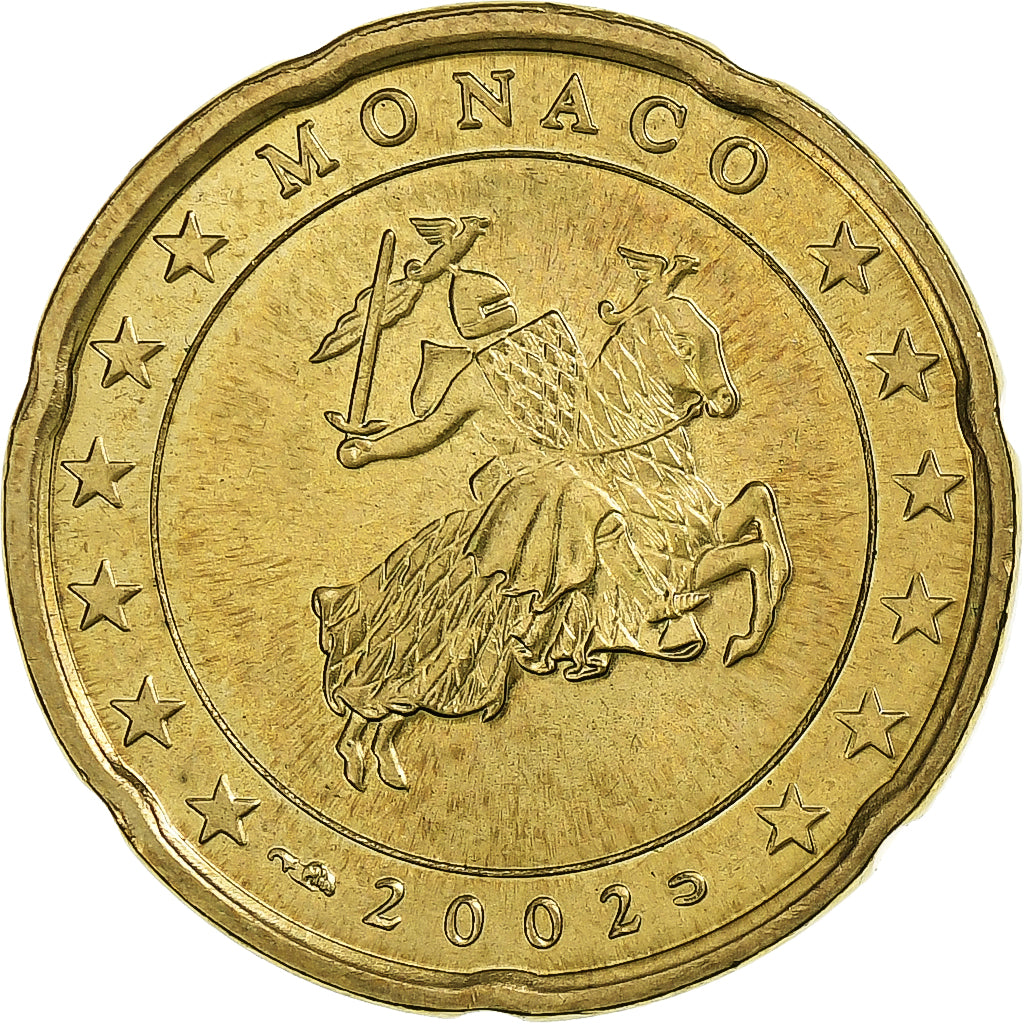 France, Rainier III, 20 Euro Cent, 2002, Nordic gold, MS(63), KM:171