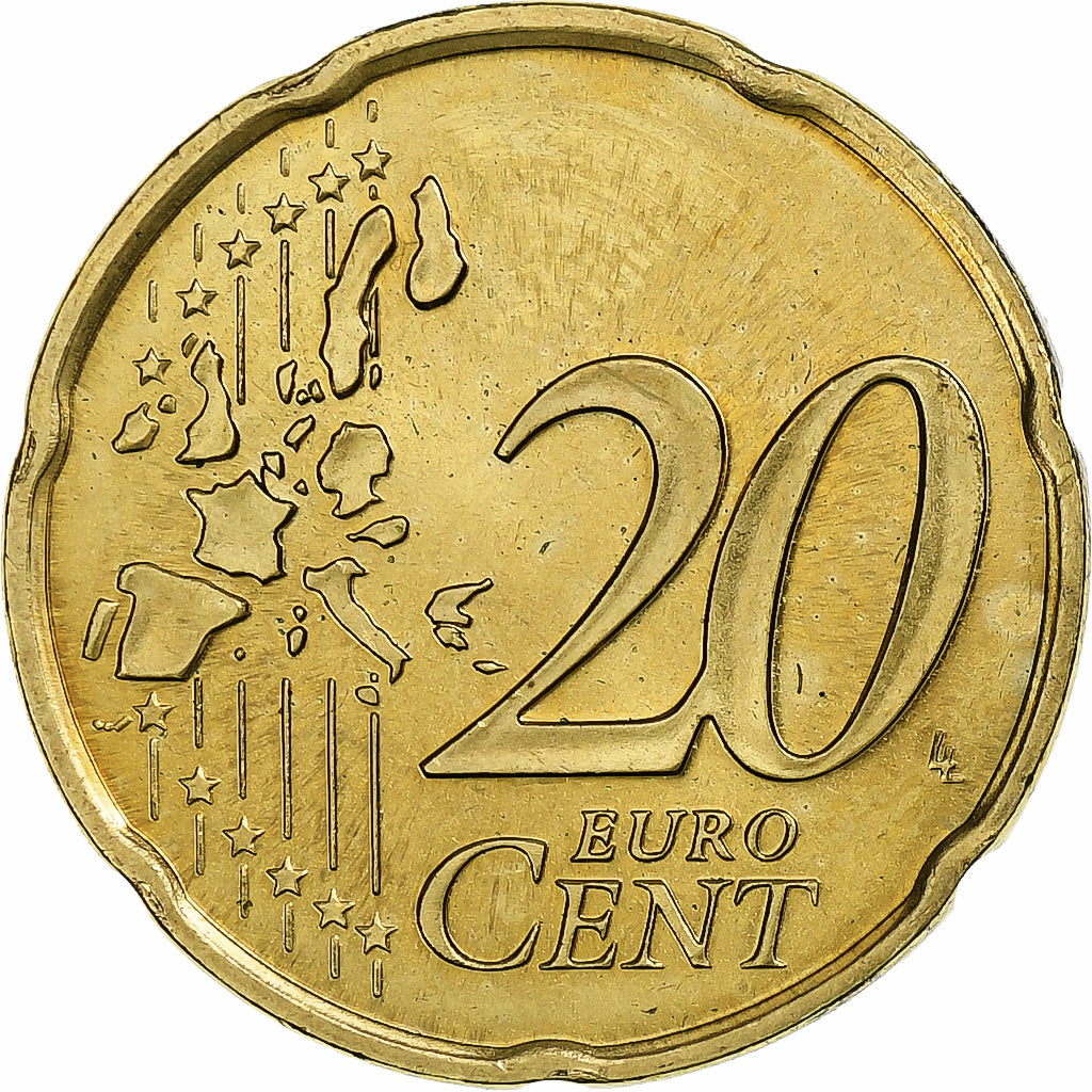 France, Rainier III, 20 Euro Cent, 2002, Nordic gold, MS(63), KM:171