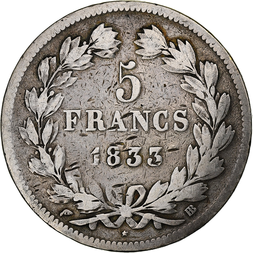France, Louis-Philippe, 5 Francs, 1833, Strasbourg, Silver, F(12-15)