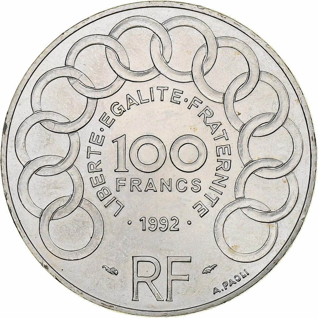 France, 100 Francs, Jean Monnet, 1992, MDP, Silver, MS(60-62), Gadoury:907