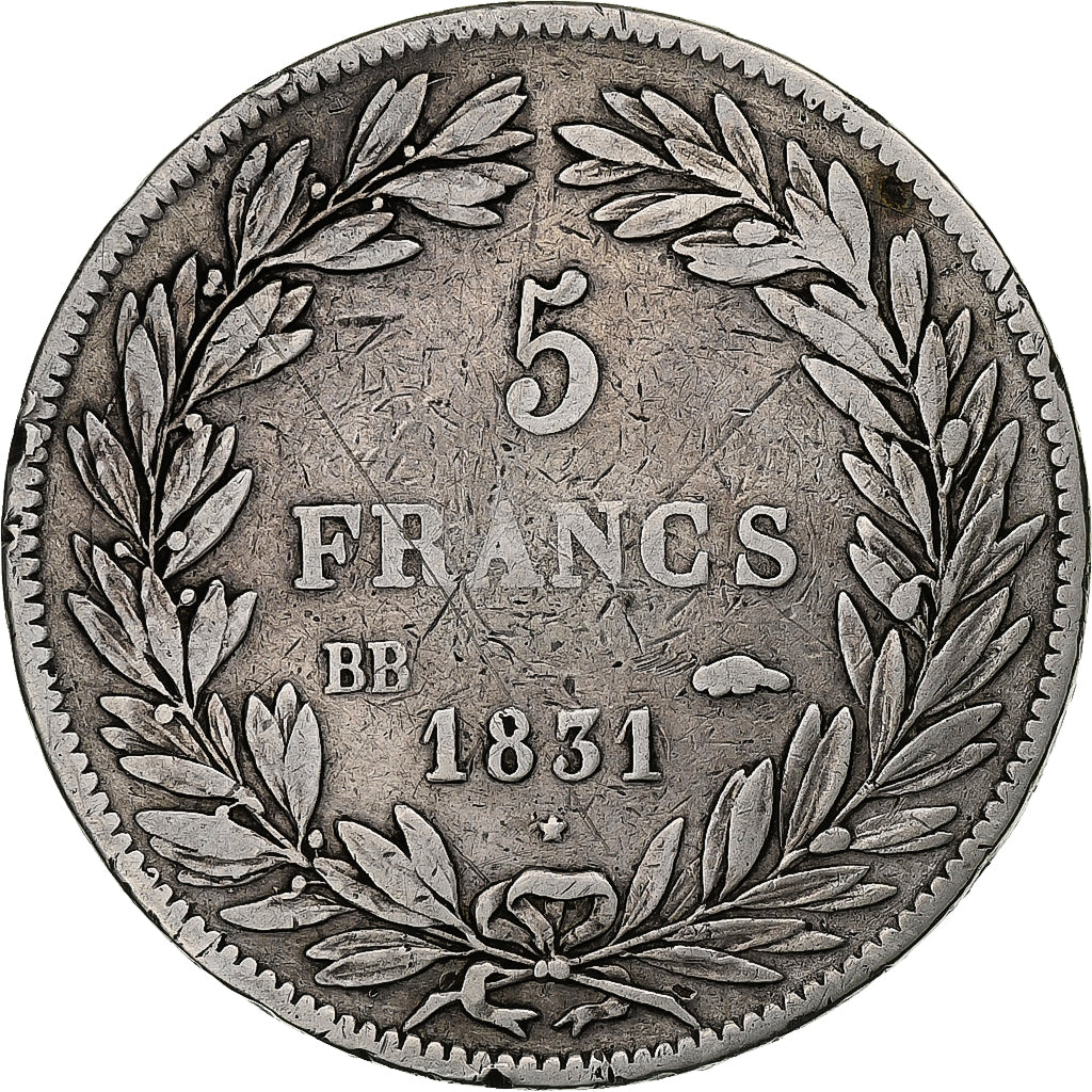 France, Louis-Philippe, 5 Francs, 1831, Strasbourg, Silver, VF(20-25)