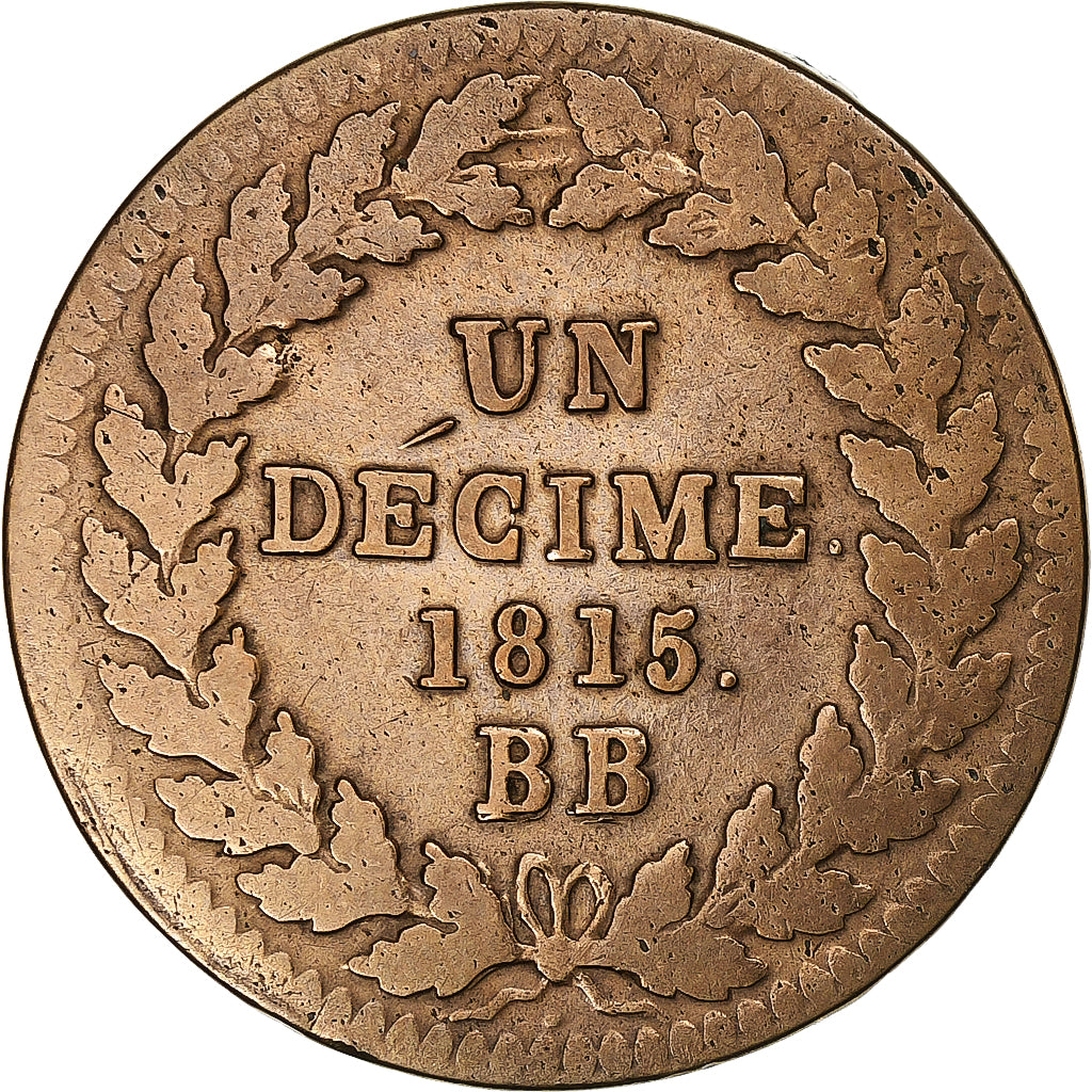 France, Louis XVIII, 1 Décime, 1815, Strasbourg, Bronze, F(12-15), Gadoury:196d