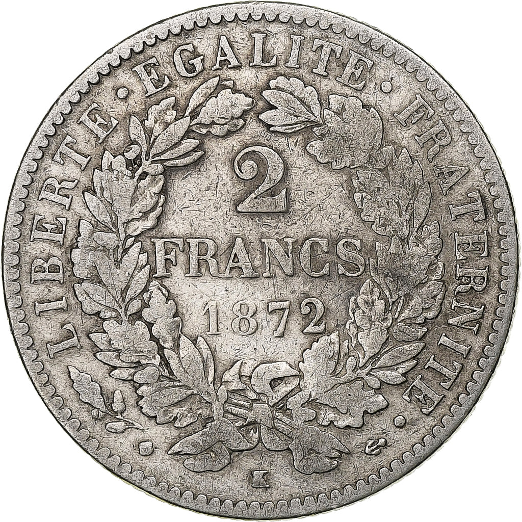 Frankrijk, 2 Francs, Cérès, 1872, Bordeaux, Zilver, FR, Gadoury:530a, KM:817.1