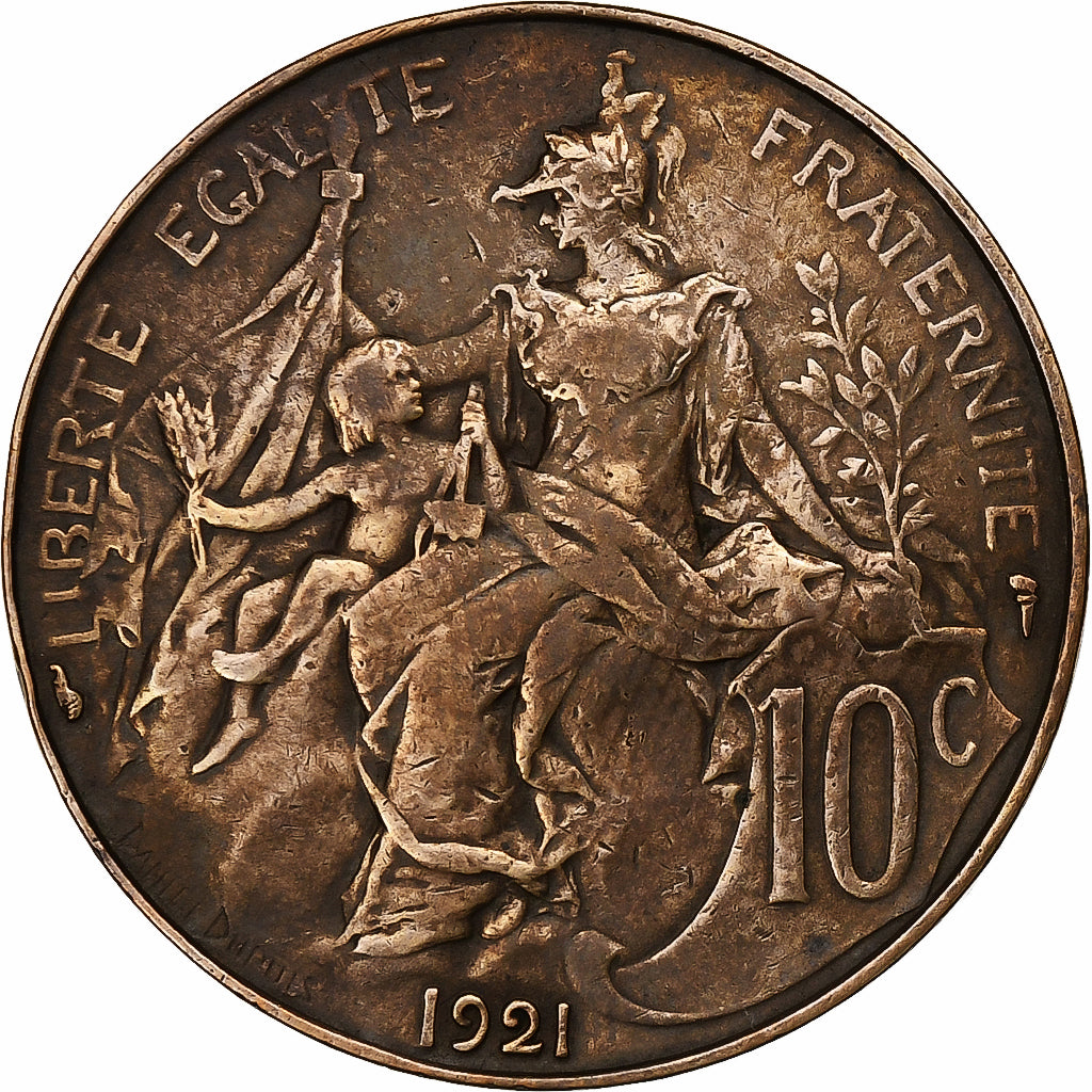 Francia, 10 Centimes, Dupuis, 1921, Paris, Bronzo, BB, Gadoury:277, KM:843