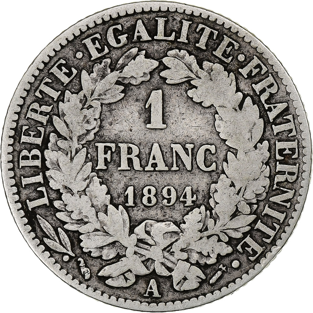 Francia, 1 Franc, Cérès, 1894, Paris, Plata, BC, Gadoury:465a, KM:822.1