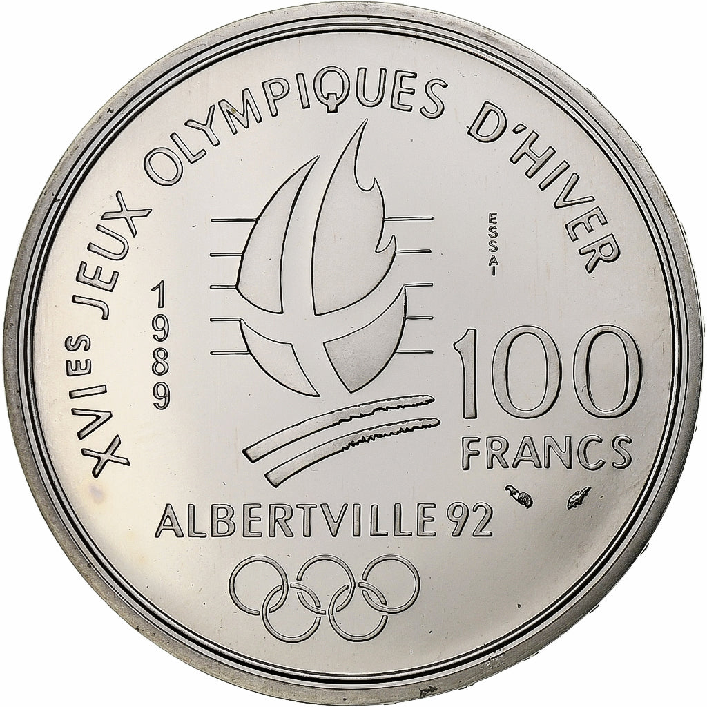 France, 100 Francs, Albertville 92, Ski de descente, 1989, MDP, ESSAI, Argent