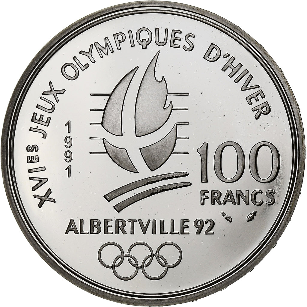 France, 100 Francs, Albertville 92, Hockey sur glace, 1991, MDP, BE, Argent