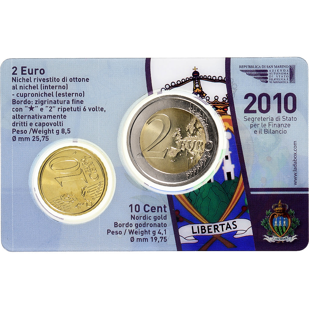 San Marino, 2€ + 10cts, Coin card.FDC, 2010, Rome, MS(65-70)