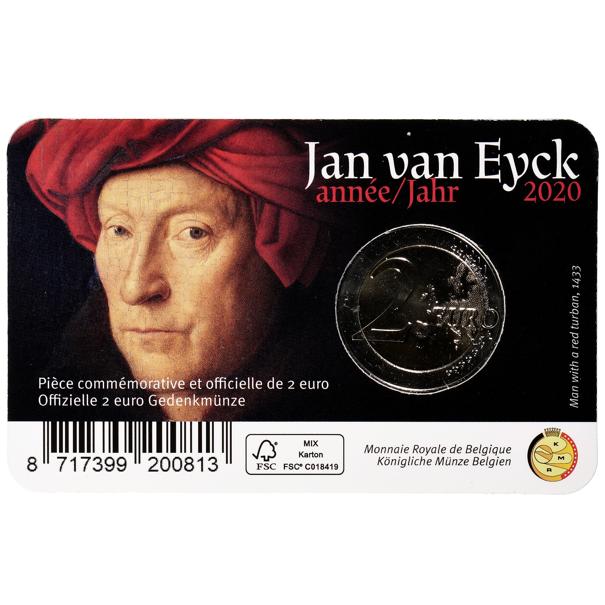 Belgium, 2 Euro, Jan Van Eyck, Coin card.FDC, 2020, Brussels, Bi-Metallic
