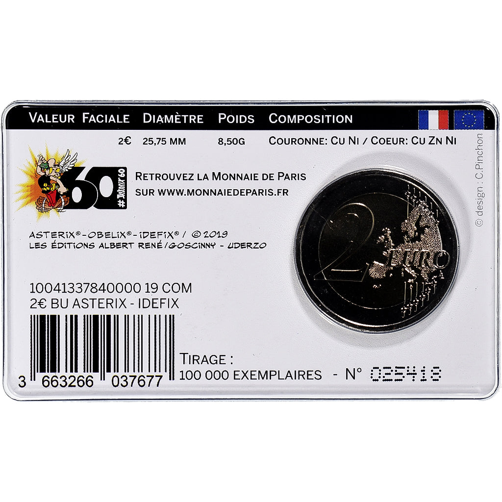 France, 2 Euro, 60 ans d'Astérix, Coin card.FDC, 2019, MDP, Bi-Metallic
