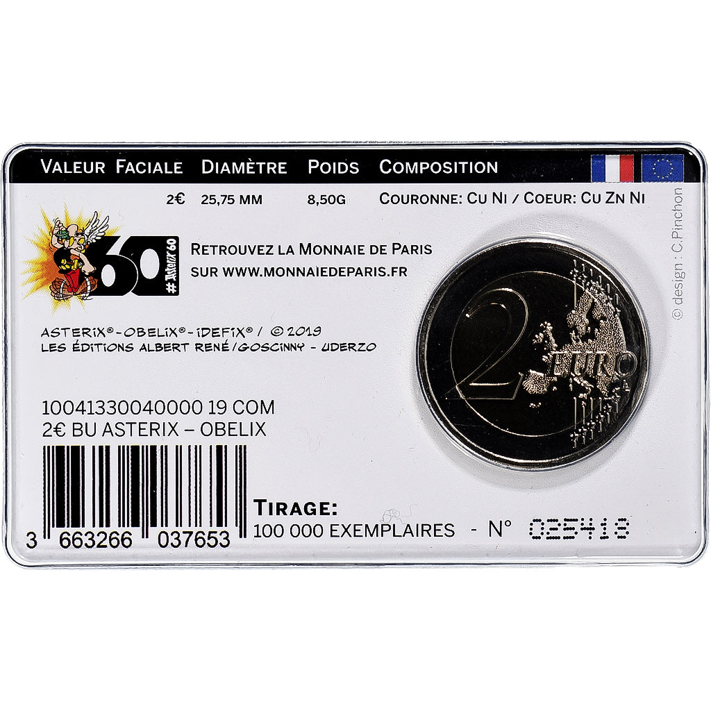 France, 2 Euro, 60 ans d'Astérix, Coin card.FDC, 2019, MDP, Bi-Metallic