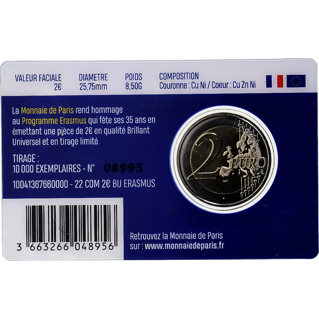 Francia, 2 Euro, Erasmus, Coin Card. BU, 2022, MDP, Bimetálico, FDC