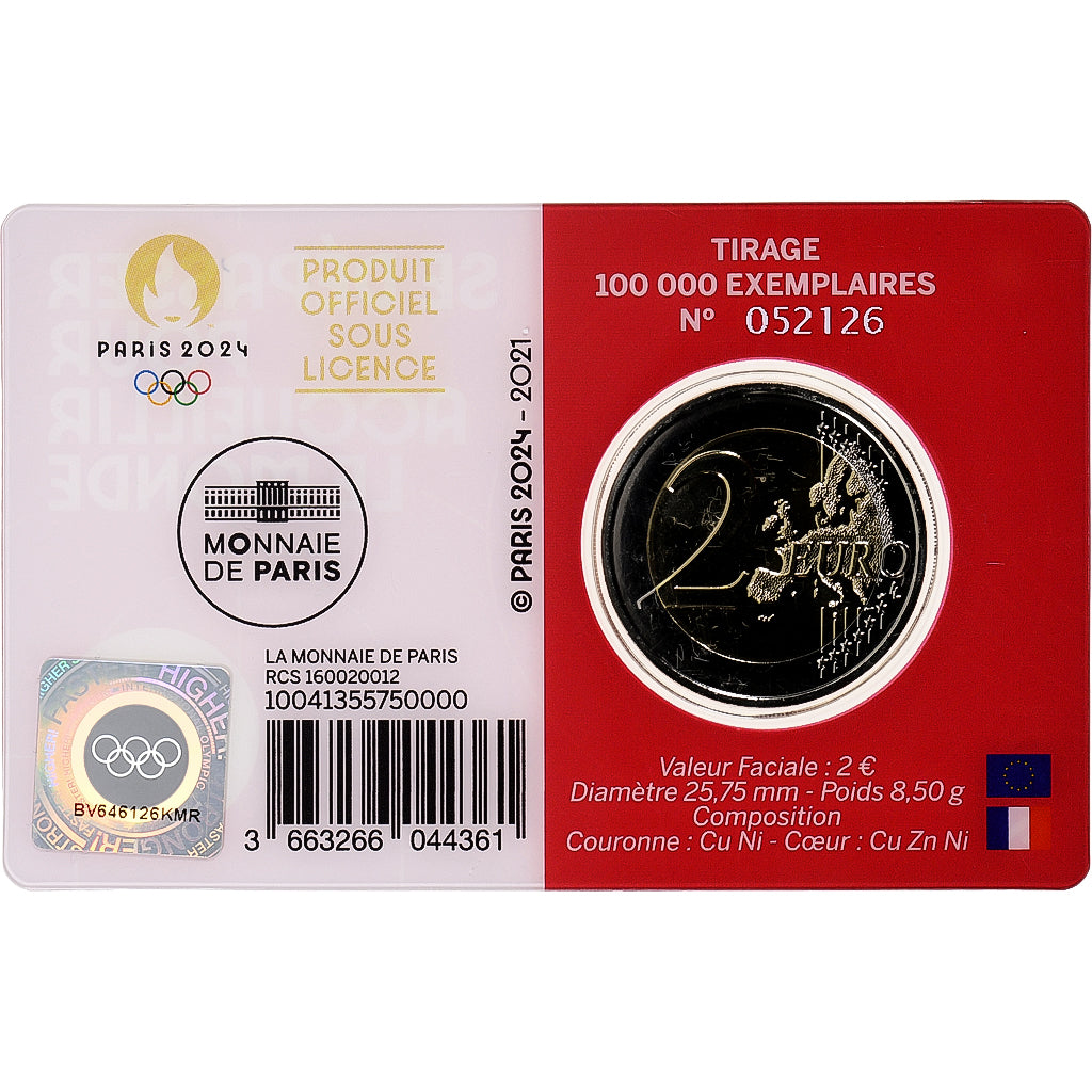 France, 2 Euro, Olympic Games Paris 2024, Coin Card. BU, 2021, MDP, Bi-Metallic